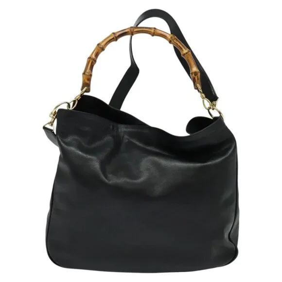 GUCCI Bamboo Hand Bag Leather 2way Black Gold 001 2123 1577 Auth 135785